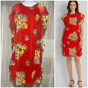 LAUREN Ralph Lauren Floral Ruffle Shift Crepe Dress Size 6